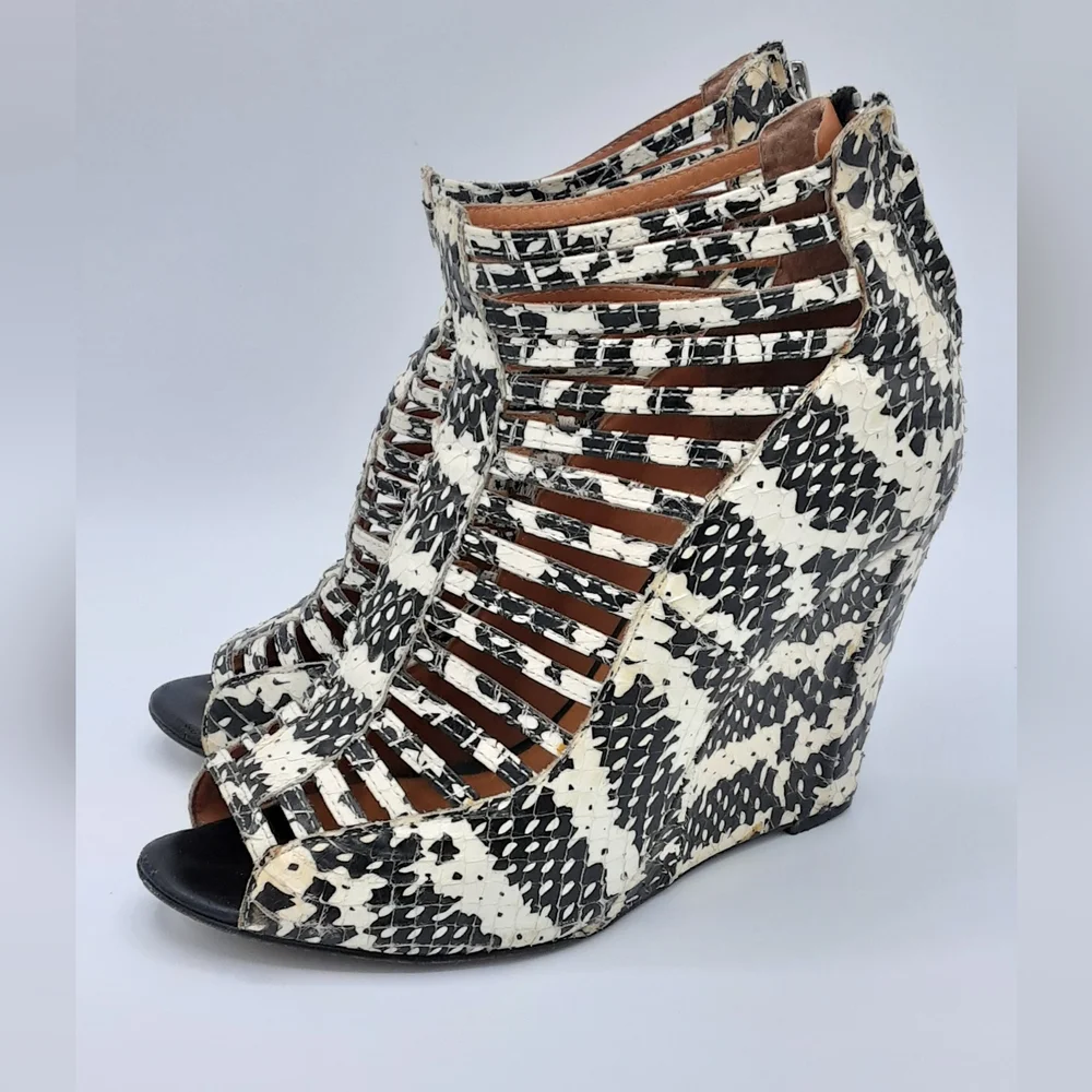 Rebecca Minkoff Sydney Snake Print Cage Wedge Sandal Size 7.